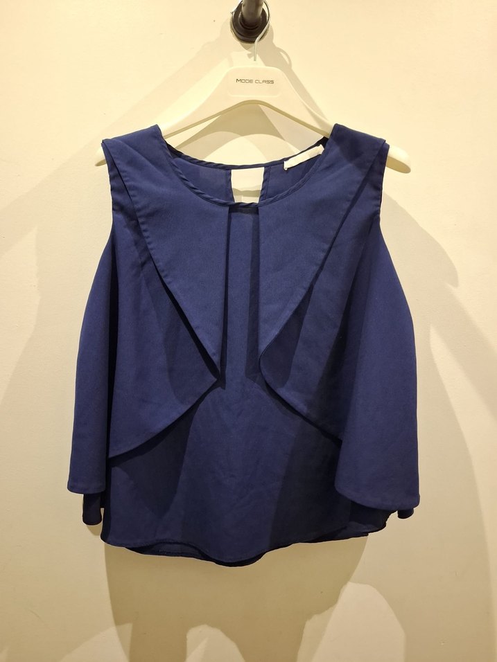 Lacivert Keten V Yaka Kolsuz Bluz - Görsel 4