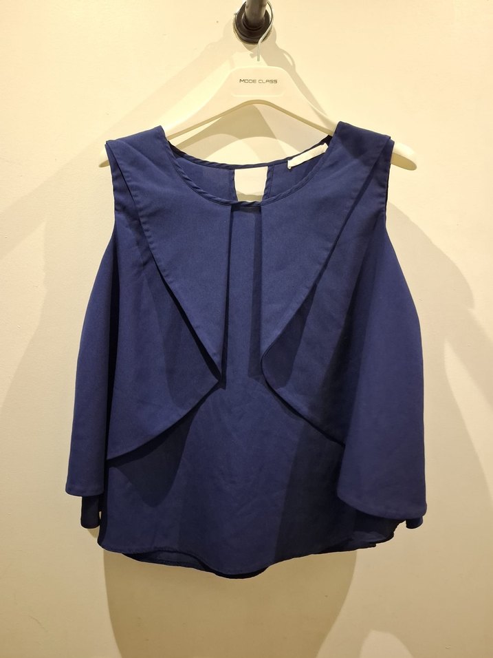 Lacivert Keten V Yaka Kolsuz Bluz - Görsel 3