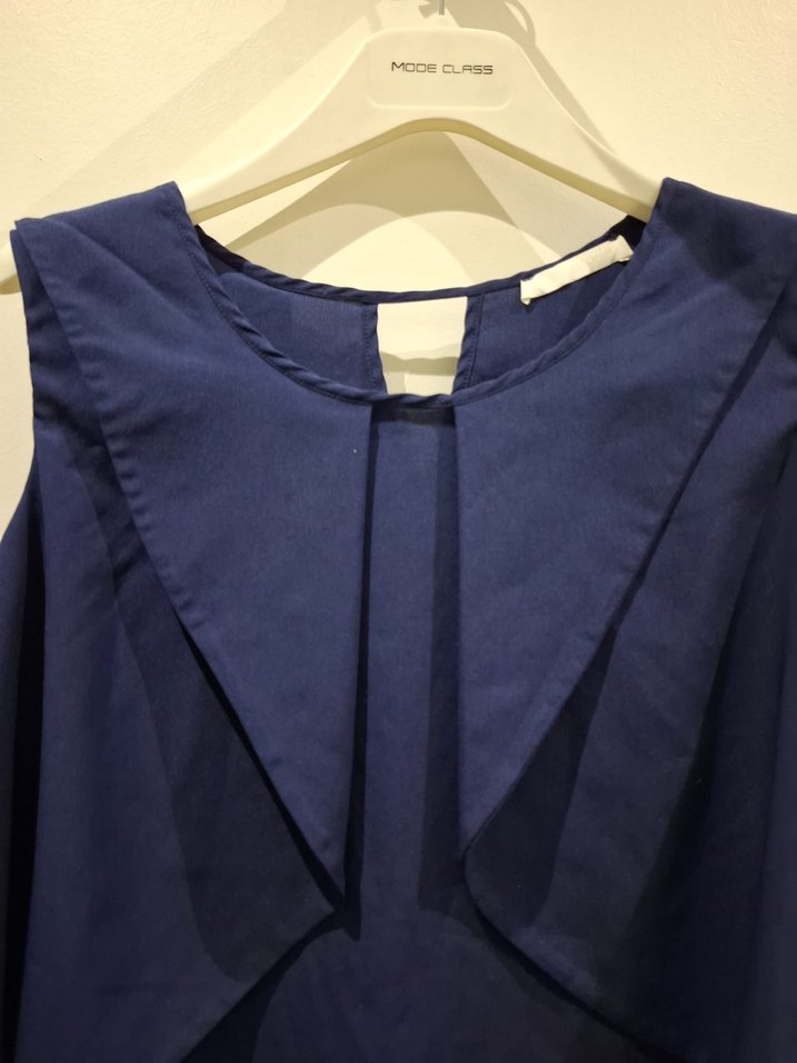 Lacivert Keten V Yaka Kolsuz Bluz - Görsel 2