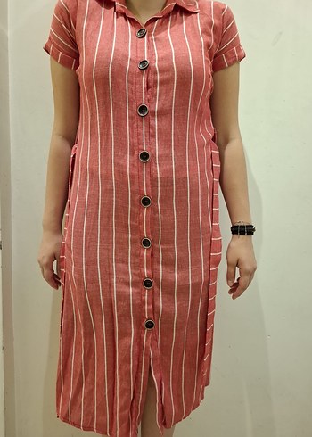 Pembe Çizgili V Yaka Midi Elbise - Görsel 8