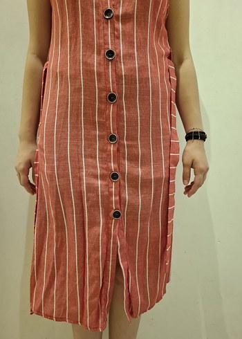 Pembe Çizgili V Yaka Midi Elbise - Görsel 7