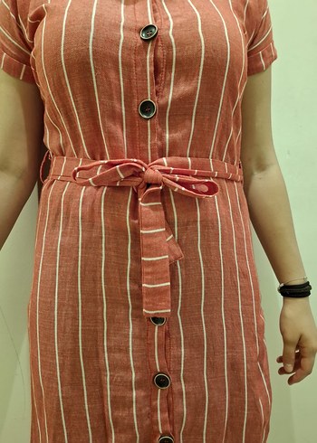 Pembe Çizgili V Yaka Midi Elbise - Görsel 4