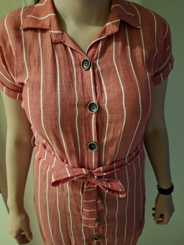 Pembe Çizgili V Yaka Midi Elbise - Görsel 5