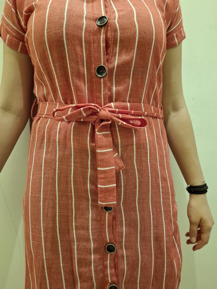 Pembe Çizgili V Yaka Midi Elbise - Görsel 4