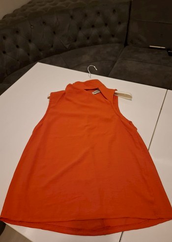 Kırmızı ve turuncu arası canlı Kolsuz Yüksek Yakalı Keten Gömlek - Görsel 5