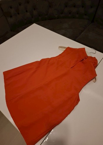 Kırmızı ve turuncu arası canlı Kolsuz Yüksek Yakalı Keten Gömlek - Görsel 9