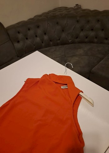 Kırmızı ve turuncu arası canlı Kolsuz Yüksek Yakalı Keten Gömlek - Görsel 8