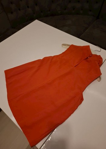 Kırmızı ve turuncu arası canlı Kolsuz Yüksek Yakalı Keten Gömlek - Görsel 7