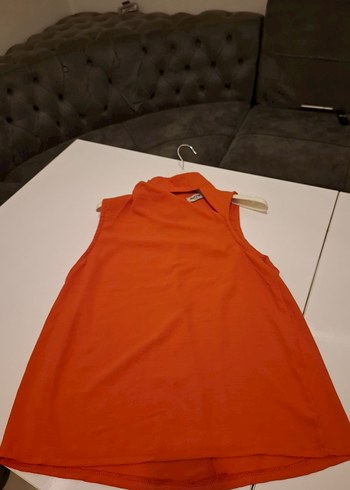 Kırmızı ve turuncu arası canlı Kolsuz Yüksek Yakalı Keten Gömlek - Görsel 6