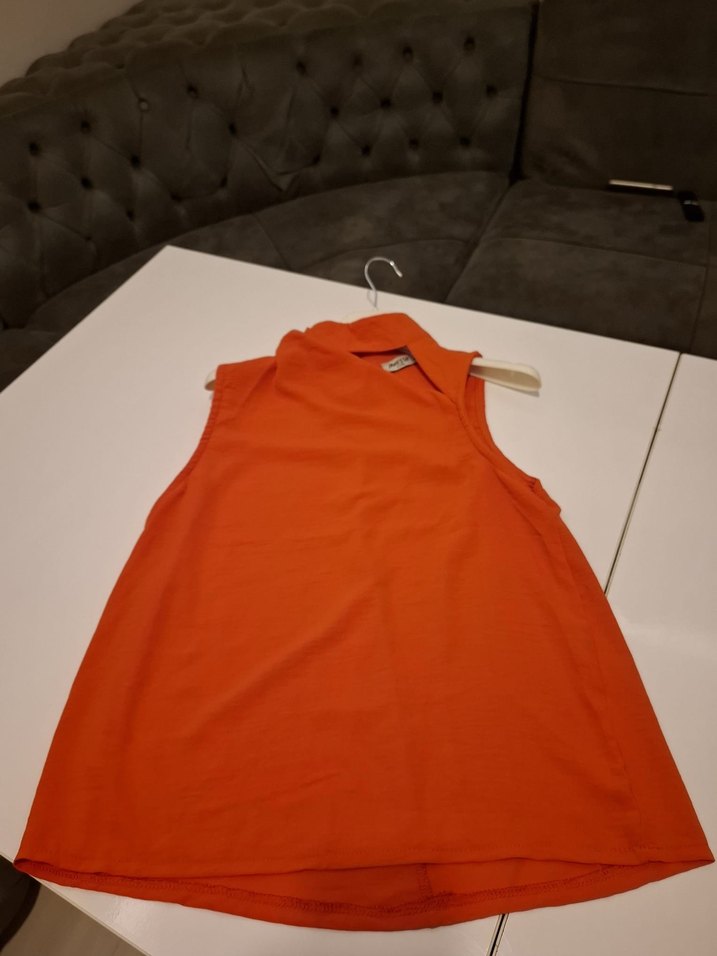 Kırmızı ve turuncu arası canlı Kolsuz Yüksek Yakalı Keten Gömlek - Görsel 5