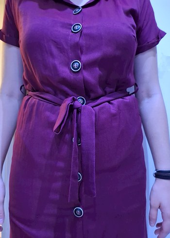 Bordo Düğmeli Midi Kadın Elbise - Görsel 3