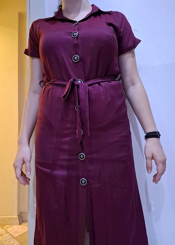 Bordo Düğmeli Midi Kadın Elbise - Görsel 4