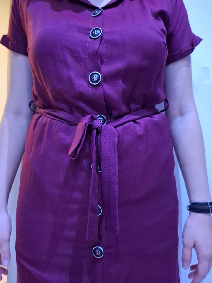 Bordo Düğmeli Midi Kadın Elbise - Görsel 3