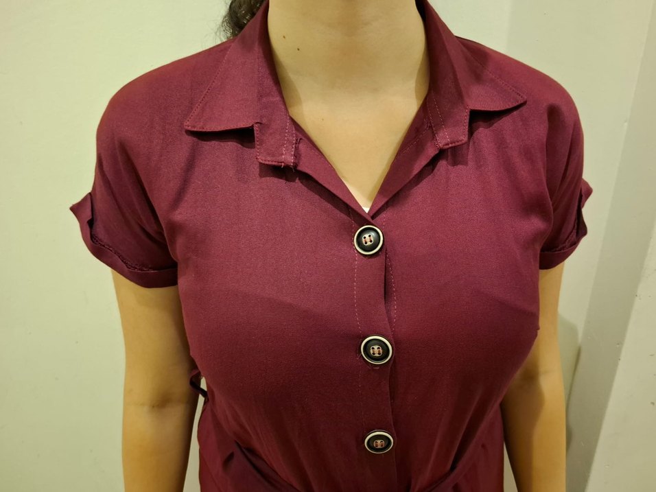 Bordo Düğmeli Midi Kadın Elbise - Görsel 5