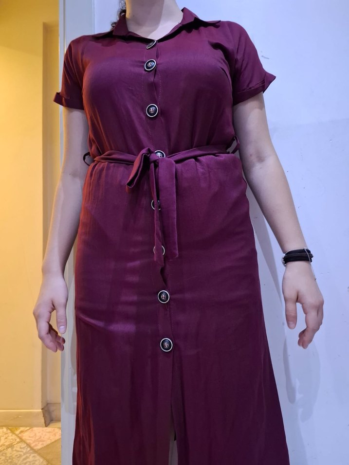 Bordo Düğmeli Midi Kadın Elbise - Görsel 4