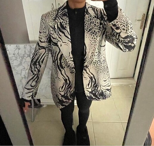 l Beden Saten Vintage Leopar Blazer Ceket