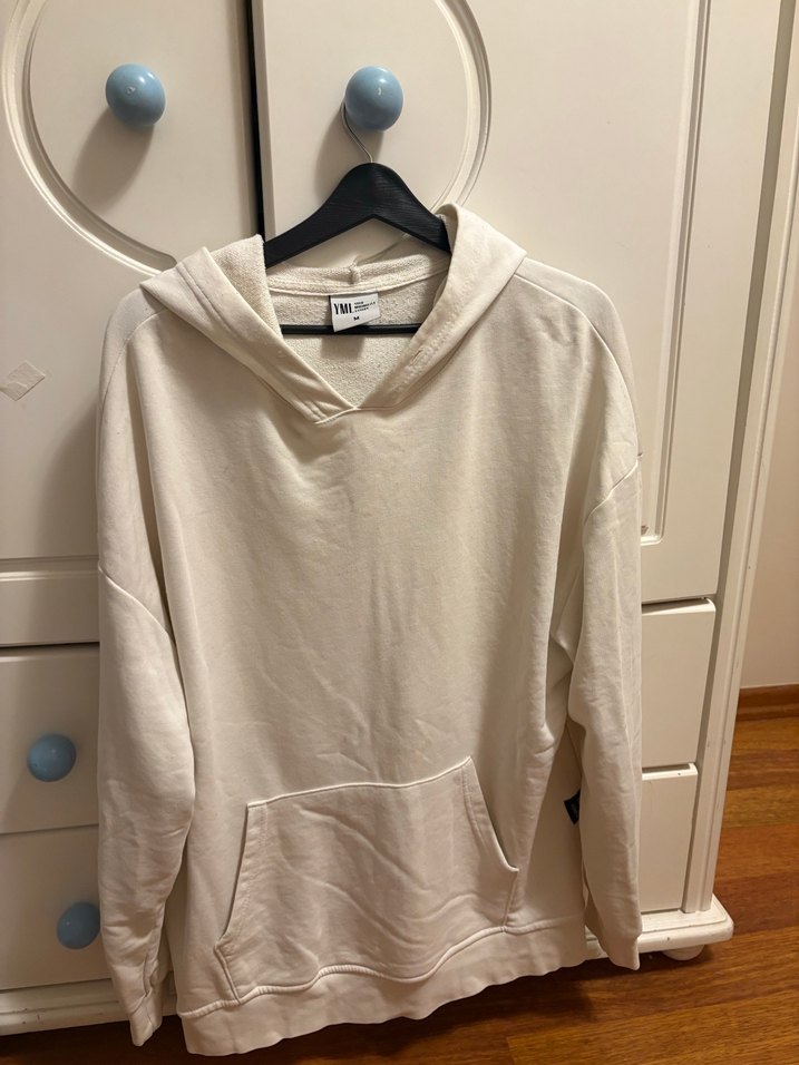 Beyaz Kapüşonlu Rahat Kesim Sweatshirt - Görsel 4