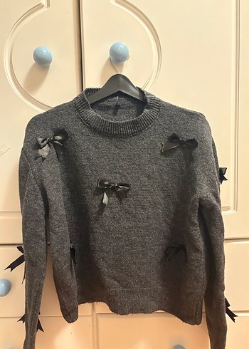 Gri Triko Kadın Kazak Fiyonk Detaylı - Görsel 3