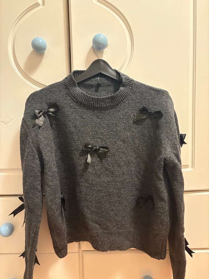 Gri Triko Kadın Kazak Fiyonk Detaylı - Görsel 3