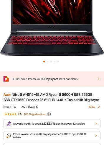 Acer Acer Nitro An515-45 Ryzen5 5600 32 GB GTX 1650 Ekran Kart 