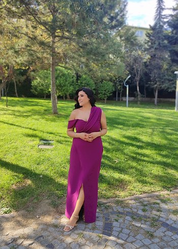 Parlak Mor Drapeli Uzun Kadın Elbise - Görsel 2