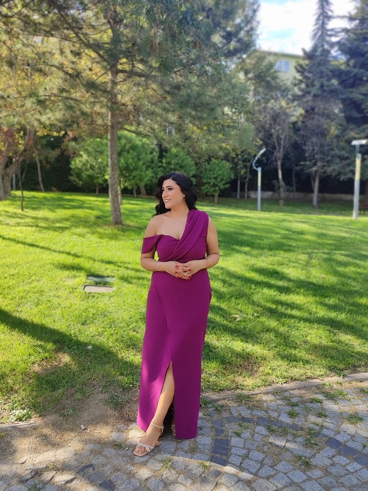 Parlak Mor Drapeli Uzun Kadın Elbise - Görsel 2