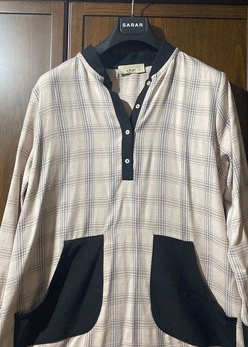 Uzun Kollu Ekose Bej Kadın Gömlek - Görsel 2