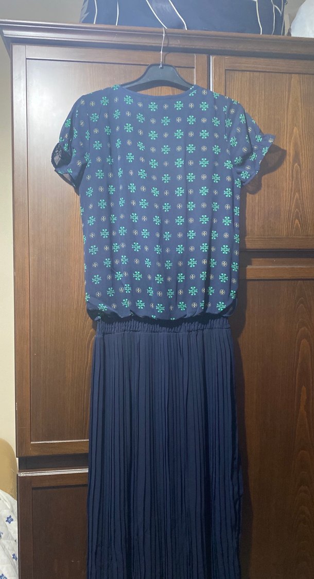 Bohem Stil Mavi Kadın Uzun Pilili Elbise - Görsel 4