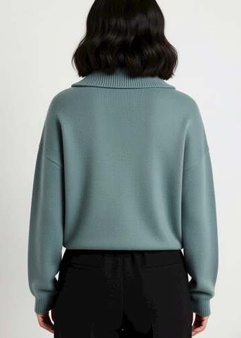 Gri Yarım Fermuarlı Uzun Kollu Yün Kazak - Görsel 2