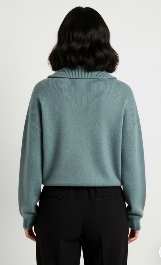 Gri Yarım Fermuarlı Uzun Kollu Yün Kazak - Görsel 2