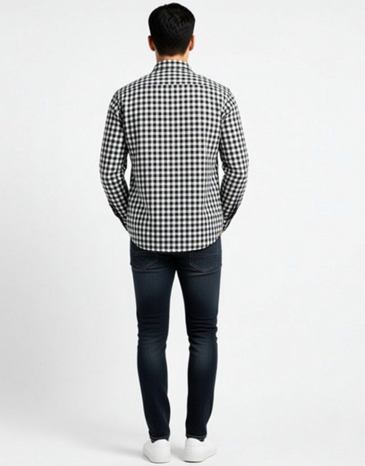 Erkek Siyah Gri Kareli Denim Gömlek - Görsel 2