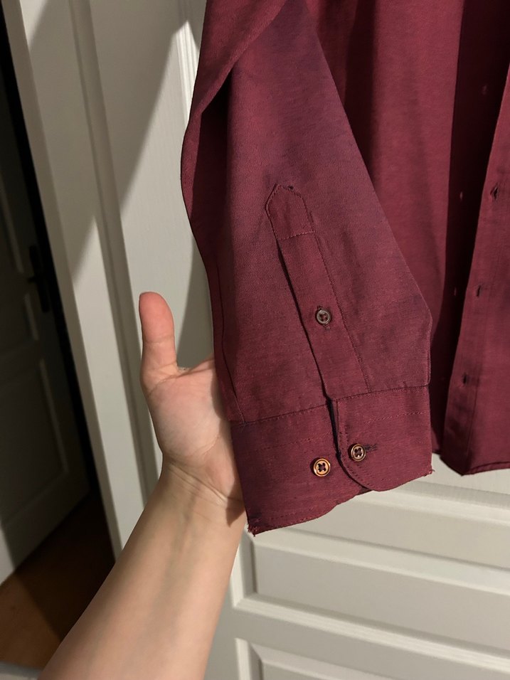 Bordo Düğmeli Erkek Keten Gömlek - Görsel 3