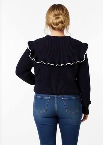 Nakışlı Fırfırlı Lacivert Kadın Kazak - Görsel 2