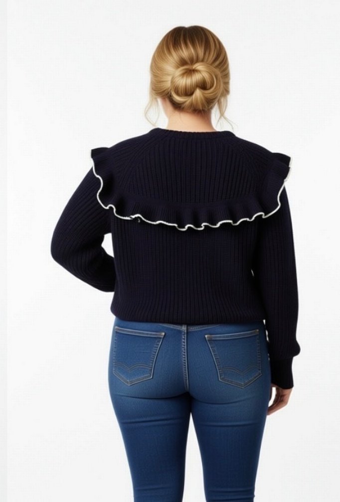 Nakışlı Fırfırlı Lacivert Kadın Kazak - Görsel 2