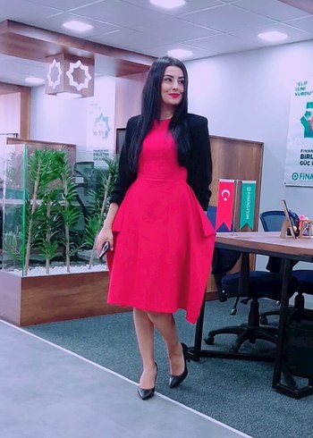 Kırmızı V Yakalı Midi Kokteyl Elbisesi - Görsel 5