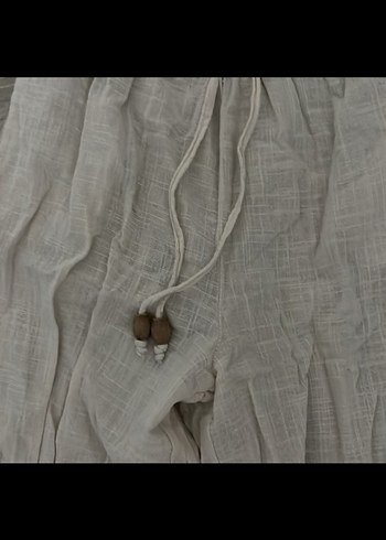Düğmeli Beyaz Keten Kadın Pantolon - Görsel 2