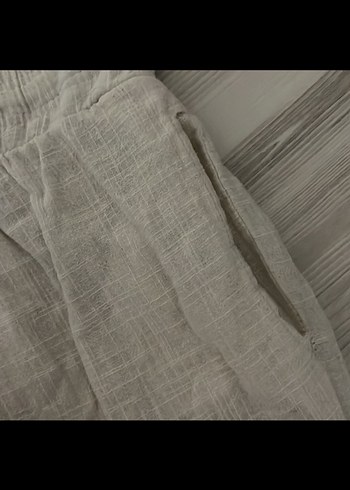 Düğmeli Beyaz Keten Kadın Pantolon - Görsel 5