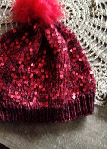 Kirmizi Payetli Kadın Örgü Bere - Görsel 4