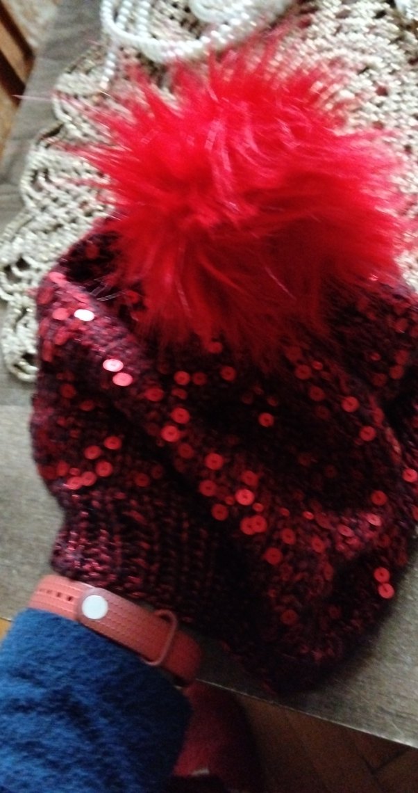 Kirmizi Payetli Kadın Örgü Bere - Görsel 3