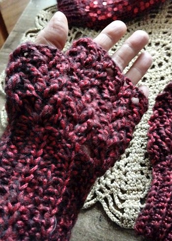 Bordo Örgü Parmaksız Kadın Eldiveni - Görsel 2