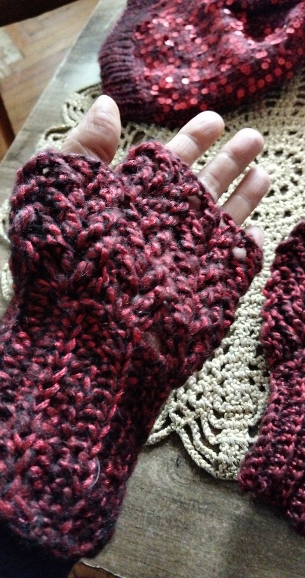 Bordo Örgü Parmaksız Kadın Eldiveni - Görsel 2