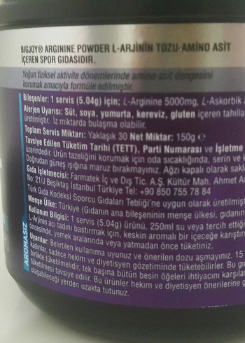 Beden Big Joy Arginine 5000mg Toz 30 Servis