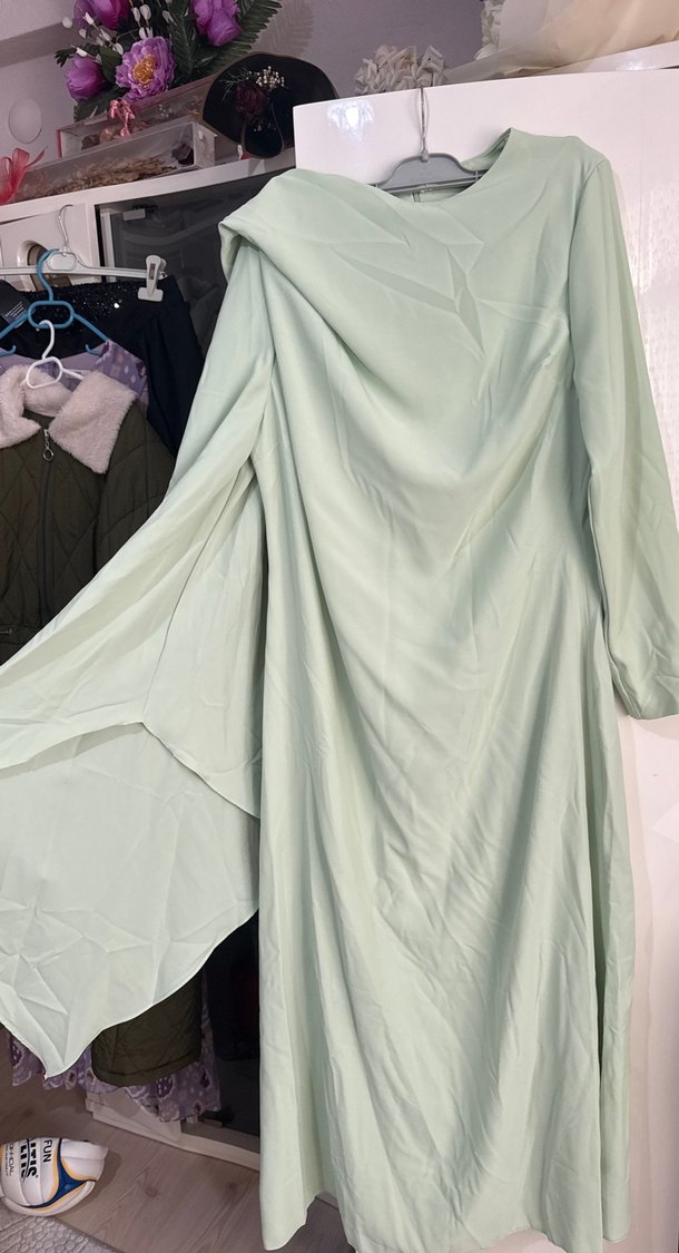 Yeşil Uzun Kollu Drapeli Kadın Elbise - Görsel 2