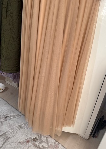 Bej Uzun Kollu Drapeli Kadın Abiye Elbise - Görsel 2