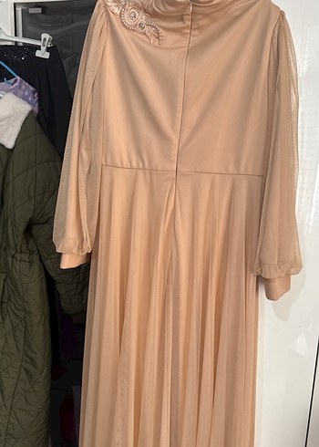 Bej Uzun Kollu Drapeli Kadın Abiye Elbise - Görsel 3