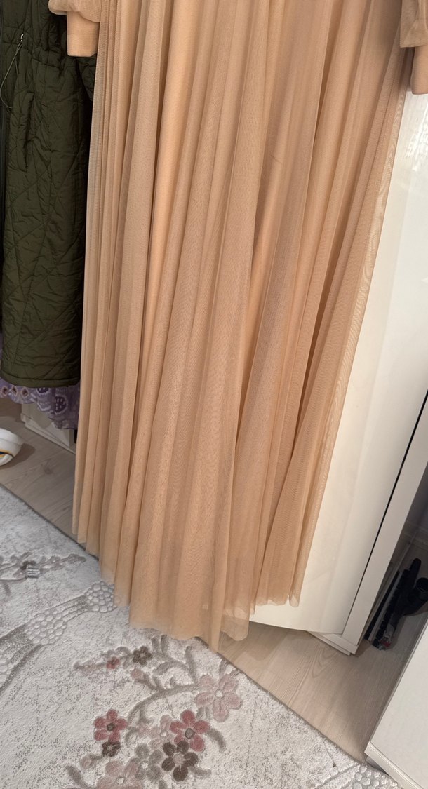 Bej Uzun Kollu Drapeli Kadın Abiye Elbise - Görsel 2