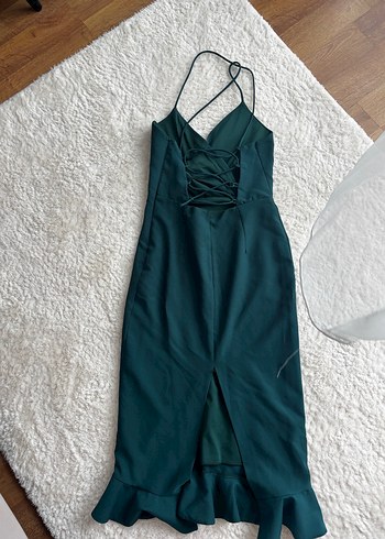 Yeşil ip askılı Fırfırlı midi Abiye Elbise - Görsel 2