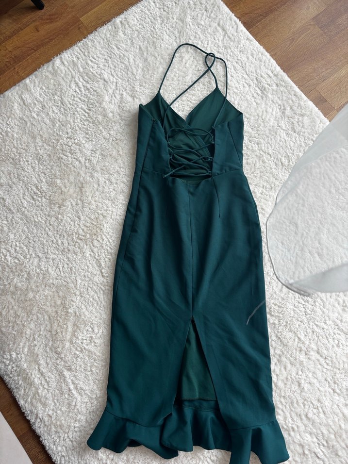 Yeşil ip askılı Fırfırlı midi Abiye Elbise - Görsel 2