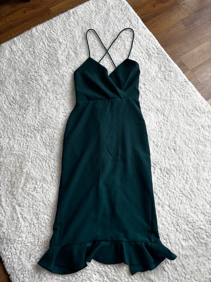 Yeşil ip askılı Fırfırlı midi Abiye Elbise - Görsel 3