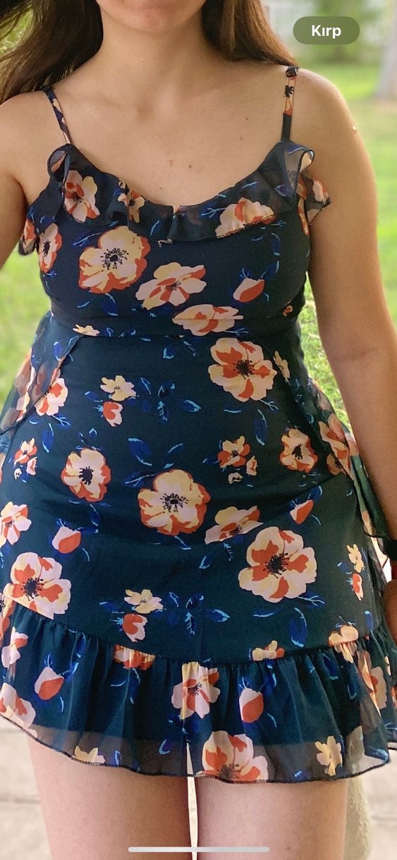 Lacivert Çiçek Desenli Askılı Mini Elbise - Görsel 4